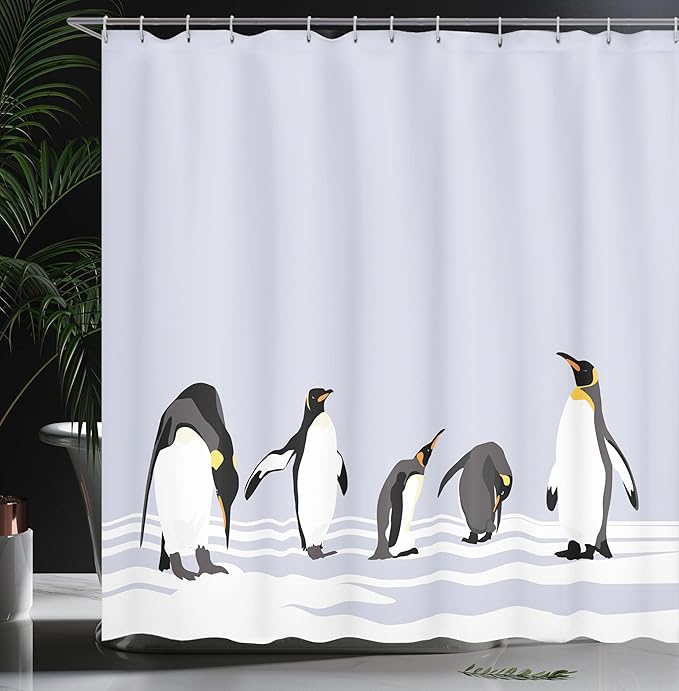 Ambesonne Animal Shower Curtain, Penguins on Polar ICY Land Winter Climate Arctic Cold Season Creatures Print, Cloth Fabric Bathroom Decor Set with Hooks, 69" W x 70" L, White Lilac