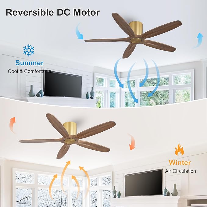 WINGBO 54" Flush Mount Ceiling Fan No Light - 5 Carved Solid Wood Blades, 6-Speed Reversible DC Motor, Dimmable, 3CCT, Low Profile Ceiling Fans without Lights for Bedroom Living Room, Gold and Walnut