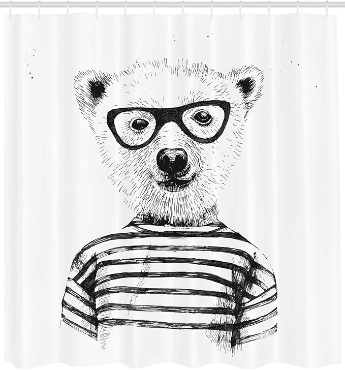 Ambesonne Animal Shower Curtain, Dressed up Hipster Nerd Smart Male Bear in Glasses Fun Character Animal Art Print, Cloth Fabric Bathroom Decor Set with Hooks, 69" W x 75" L, White Charcoal Grey