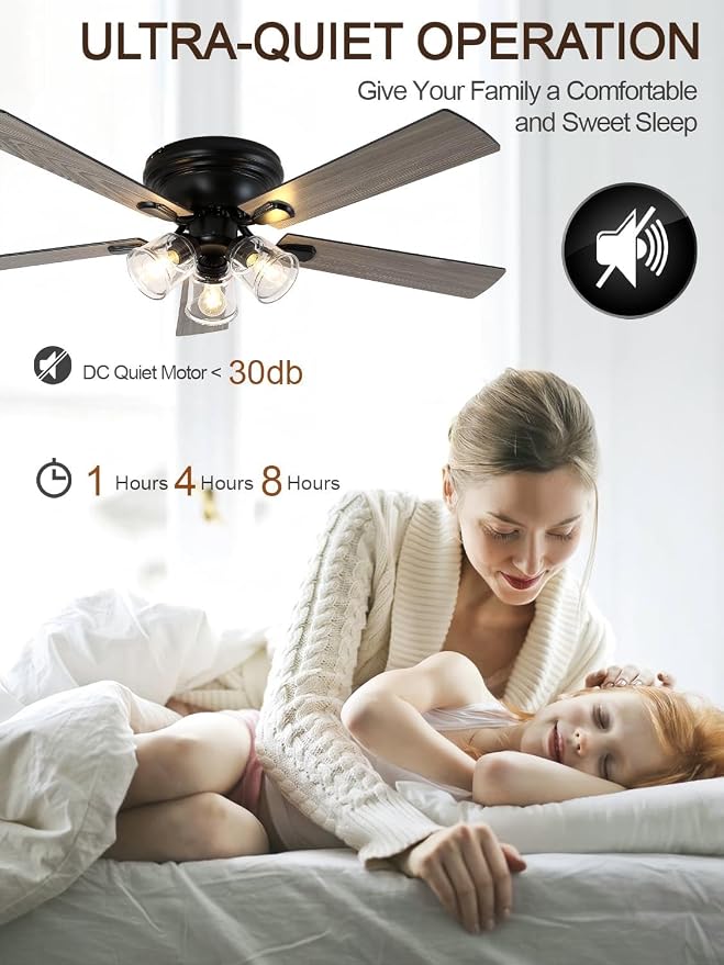 52 Inch Flush Mount Farmhouse Ceiling Fan with Lights and Remote | Rustic Fandelier Ceiling Fan, Low Profile Chandelier, 5 Dual Blade, for Bedroom Living Room, Reversible DC Motor 6 Speeds