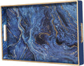 Plastic Serving and Decorative Tray with Handles for Ottoman, Coffee Table, Bathroom Vanity, Blue Marble Rectangular Tray for Countertop and Kitchen, 15.6 x 10.2 Inches