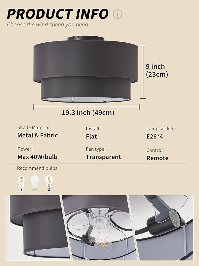 SYDACG 20" Farmhouse Rustic Ceiling Fan with Lights Low Profile, Black Flush Mount Ceiling Fan with Light Remote Control, Bladeless 6 Speeds for Bedroom, Living Room, Nursery