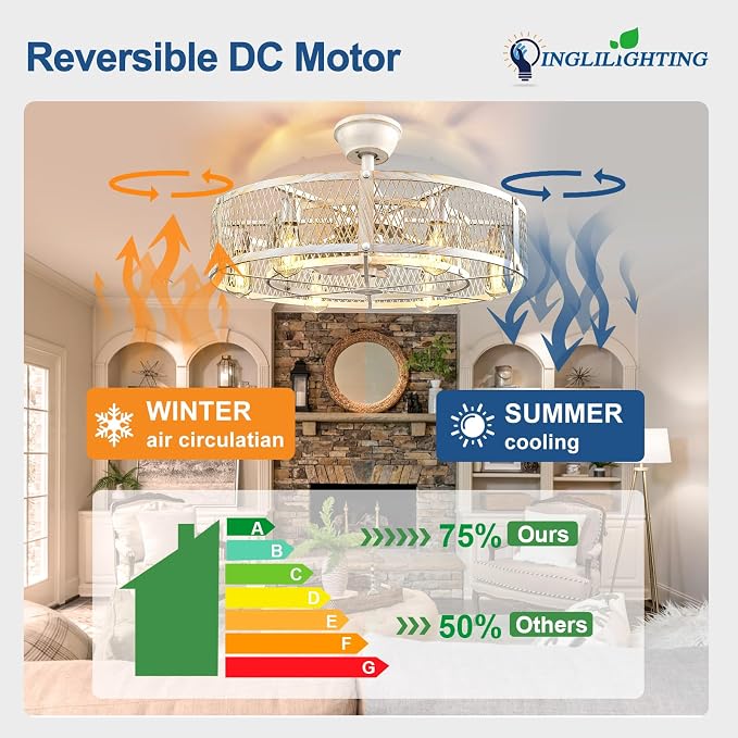 DLLT Caged Ceiling Fan with Lights: 26" Large Bladeless Fandelier with Light and Remote - Cement Industrial Chandelier Fan Light Semi Flush Mount Rustic Enclosed Fans Bedroom Dining Room Kitchen