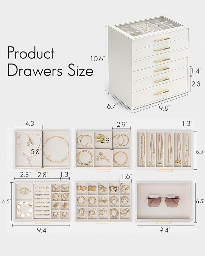 VLANDO 6 Layer Jewelry Box for Women, Glass Lid Jewelry Organizer with 6 Drawers for Necklaces Rings Earrings Bracelets - Cloud White
