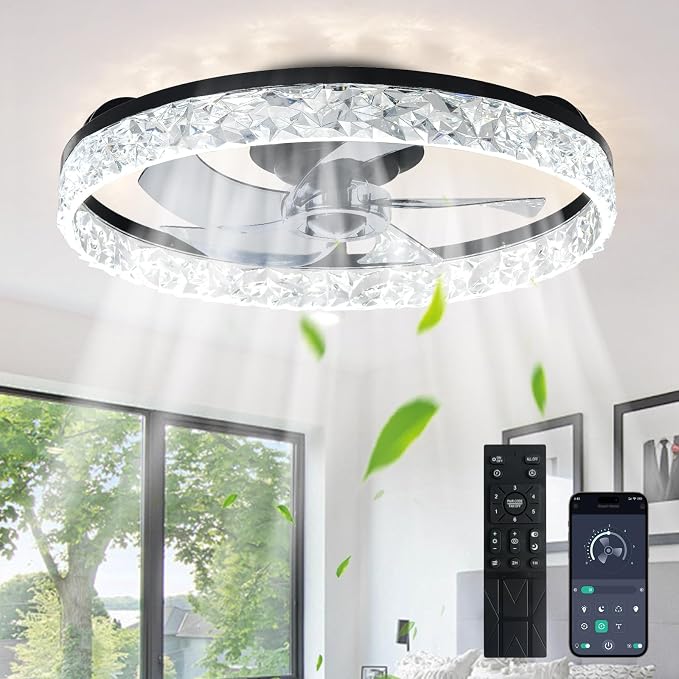 Depuley Bladeless Ceiling Fans with Lights: Full Package 20" Black Modern Low Profile Flush Mount Ceiling Fan with App&Remote - Bedroom Enclosed Crystal Fandelier for Apartment Loft Kitchen