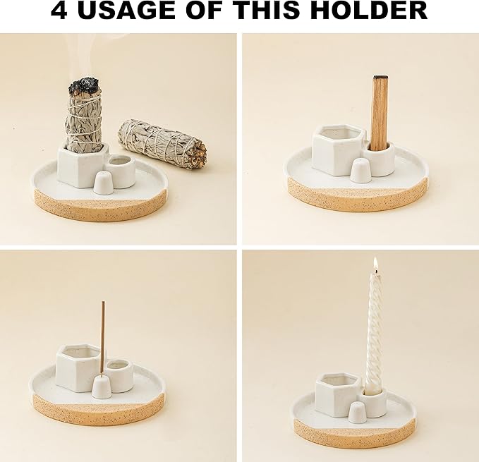 4 in 1 Incense Holder, 5.6" Ceramic Smudge Tray, Sage Holder, Palo Santo Holder, Incense Holder for Sticks, Smudging Burner, Ideal for Smudging Meditation Yoga Room, Simple, Sturdy