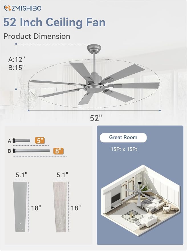 ZMISHIBO 52“ Ceiling Fans No Light with Remote, Silver Modern Ceiling Fan Without Light, Quiet Reversible DC Motor, 6 Speeds, 7 Blades Indoor/Outdoor Ceiling Fan for Living Room Bedroom Patio Garage