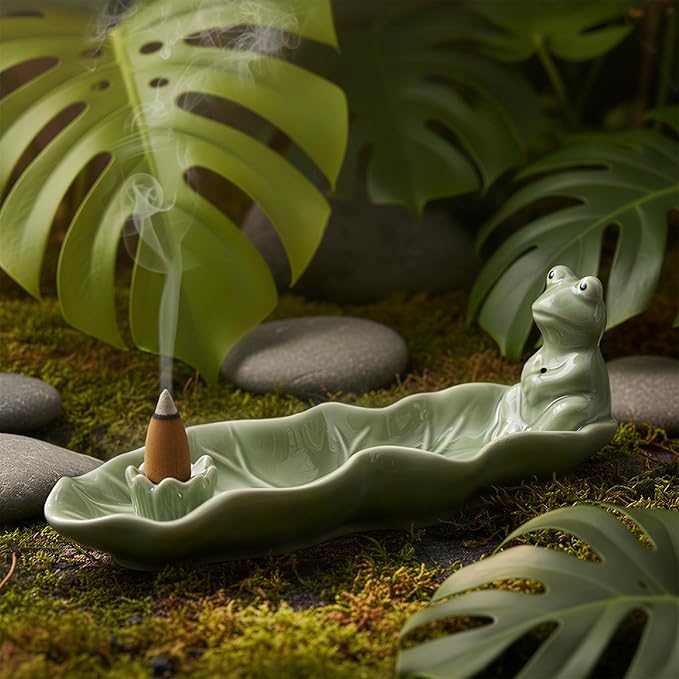 Frog Incense Holder for Sticks, Handmade Ceramic Holder for Burning Sage Sticks, Palo Santo, Cone and Backflow, Incense Burner for Meditation Room Home Decor, Frog Spiritual Gifts for Women