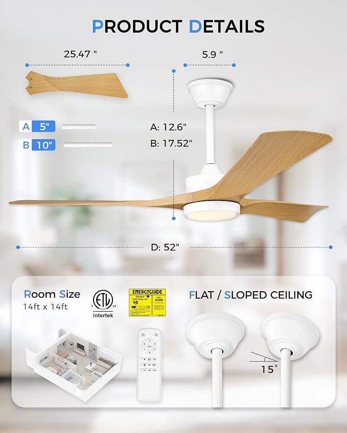 52" Ceiling Fan with Light & Remote, White, ZCCF08WY-52 | White finish, remote, 6 speeds, 3CCT dimmable LED and quiet reversible DC motor for living rooms and covered patios