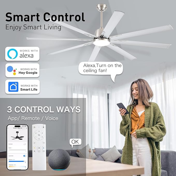 72 lnch lndustrial Smart Celing Fan with Light and Remote Control via WIFI Alexa,Large Celing Fan with 8 Brushed Nickel Aluminum Blades,6 Speed Noiseless DC Motor Indoor Outdoor Ceiling Fans for Patio