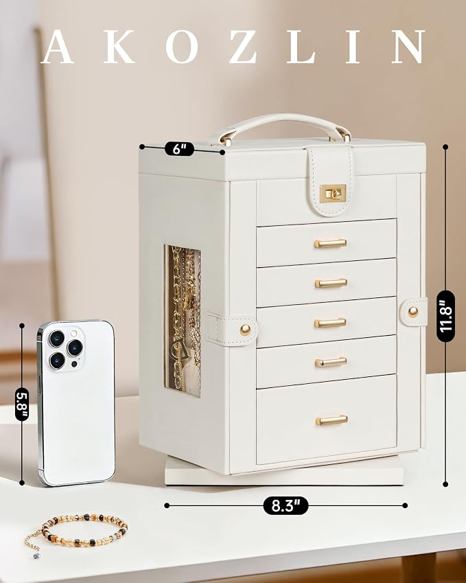 AKOZLIN 6-Tier Jewelry Box Organizer Functional 5 Drawers Leather Jewelry Storage Case for Women Girls Ring Necklace Earring Bracelet Holder Organizer with Mirror White 360° Rotating
