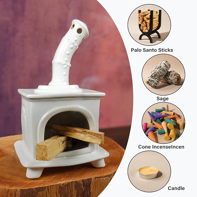 MOUGIGI Handmade White Ceramic Fireplace Palo Santo Holder &Sage/Cone Incense Dish for Energy Cleansing Zen Meditation Altar Decor for Yoga Spa | Mindfulness Aromatherapy Gift for Women Anxiety Relief