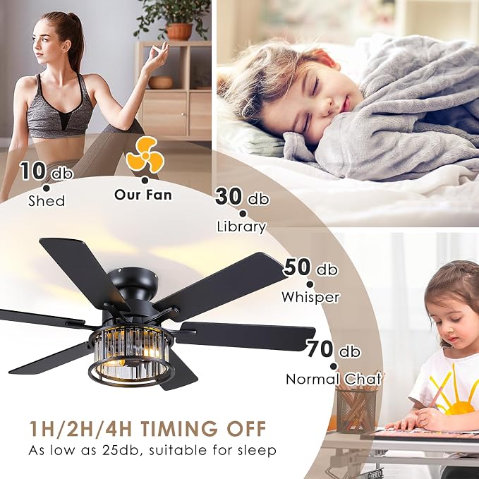 Hounberi 48" Flush Mount Ceiling Fan with Light and Remote, Black Industrial Caged Ceiling Fan with Dual-Finish 6 Blades, Reversible DC Motor, Farmhouse Crystal Ceiling Fan for Bedroom, Living Room
