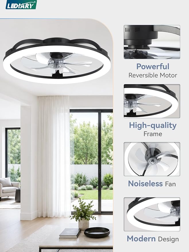 LEDIARY 23 Inch Ceiling Fans with Lights and Remote, Dimmable Fan Light | 6 Speed, Reversible, APP & Remote Control, Low Profile Flush Mount Ceiling Fan for Bedroom, Black