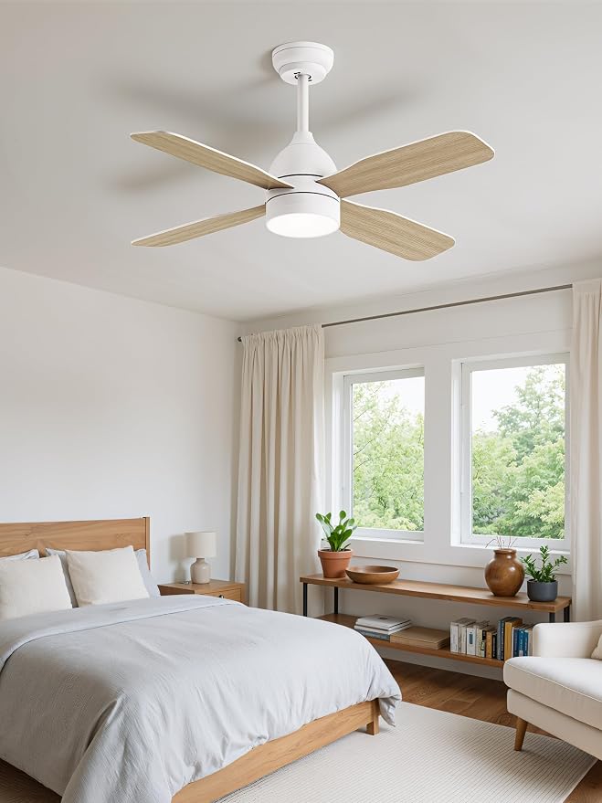 42 Inch Ceiling Fans with Lights: Ceiling Fan with 4 Dual Sided Fan Blades, Remote and App Control, 6 Wind Speed, Reversible DC Motor, 3CCT Dimmable LED, Small White Ceiling Fan for Bedroom