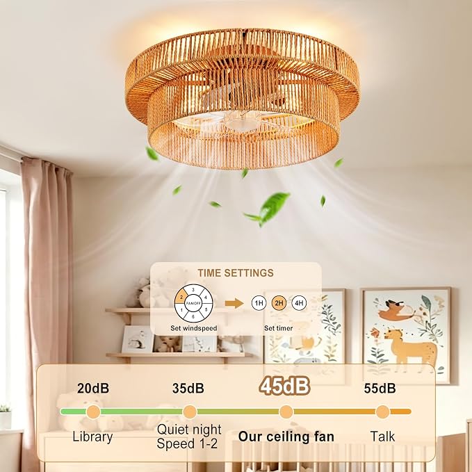 Depuley Boho Ceiling Fan with Light: 20 Inch Double Layer Textured Rope Flush Mount Fandelier with Remote and Timer - Caged Ceiling Fan with 6 Speeds - Indoor Quiet Fan for Bedroom and Living Room
