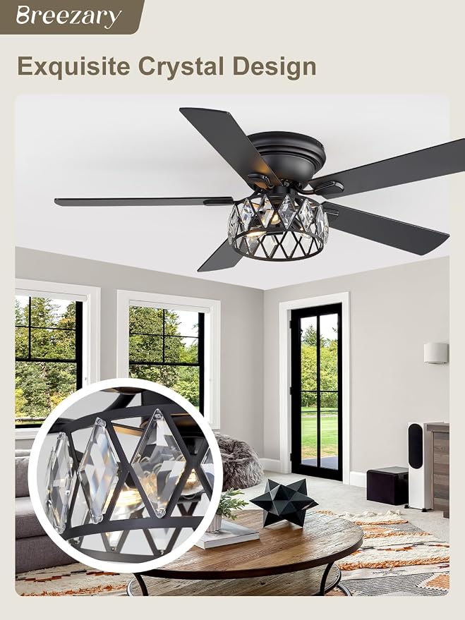 52 Inch Flush Mount Ceiling Fans with Lights and Remote, Double-Sided 5-Blade, 6-Speed Reversible DC Motor, Modern Low Profile Ceiling Fan Crystal Fandeliers for Bedroom Living Room Kitchen (Black)