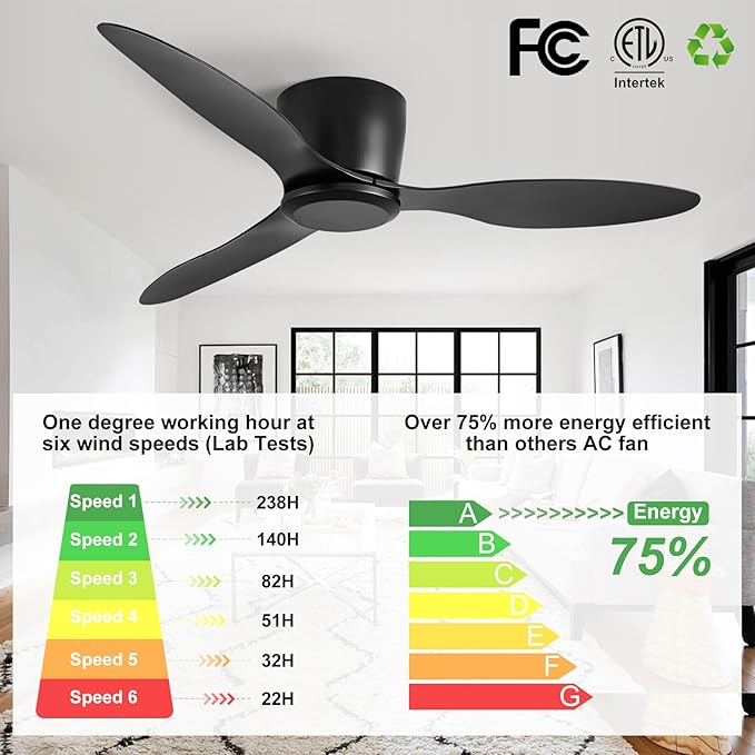 Ceiling Fans No Light with Remote Control Flush Mount 42 Inch Black | Low Profile Ceiling Fan Without Lights 6 Speed Reversible FCC Timing, ABS blades, quiet operation, pure copper motor