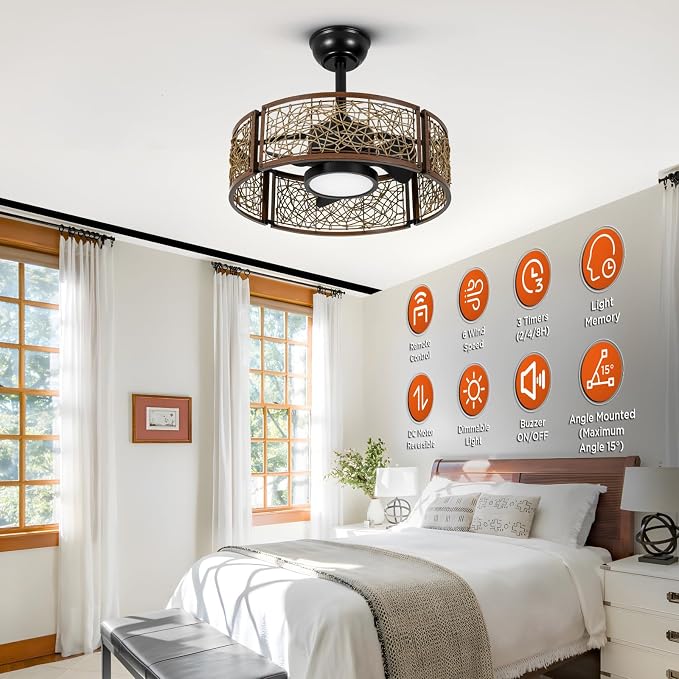 TALOYA 20 Inch Caged Ceiling Fans with Lights Chandelier Remote Control Flush Mount Low Profile for Bedroom Living Room Patio,Reversible,Buzzer Mute,Dimmable Led Light Included,Fandelier,Black Walnut