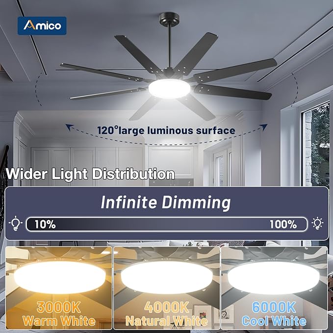 Amico 64 inch Ceiling Fans with Lights,Large Ceiling Fan with Light and Remote Control, Dimmable, 6 Speed Reversible Quiet DC Motor, Black Modern Ceiling fan For Living Room, Kitchen, Patio
