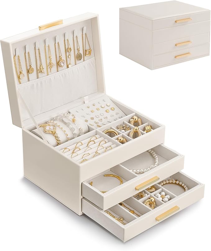 Lolalet 3-Layer Jewelry Box Organizer Holder for Women Girls Mom -Beige | Jewelry Storage Case with Drawers for Necklaces Ring Earrings Bracelet Watch, Gifts Choice for Mom Mother’s Day