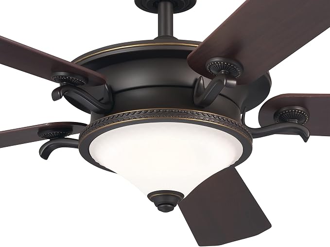 Kichler 60 Inch Rise 5 Blade LED Indoor Ceiling Fan with Etched Cased Opal Glass in Olde Bronze with Reversible Walnut and Cherry Blades