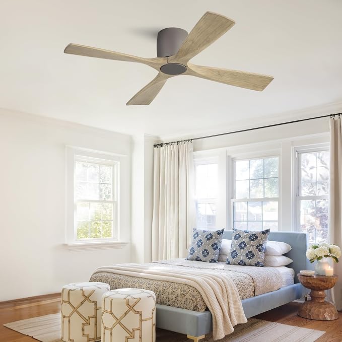 WINGBO 54 Inch Ceiling Fan Without Light, Solid Wood Flush Mount Ceiling Fan with Remote Control, Reversible Quiet DC Motor, 4 Blades,6-Speed, for Bedroom & Living Room, Graphite Finish +Gray Blade