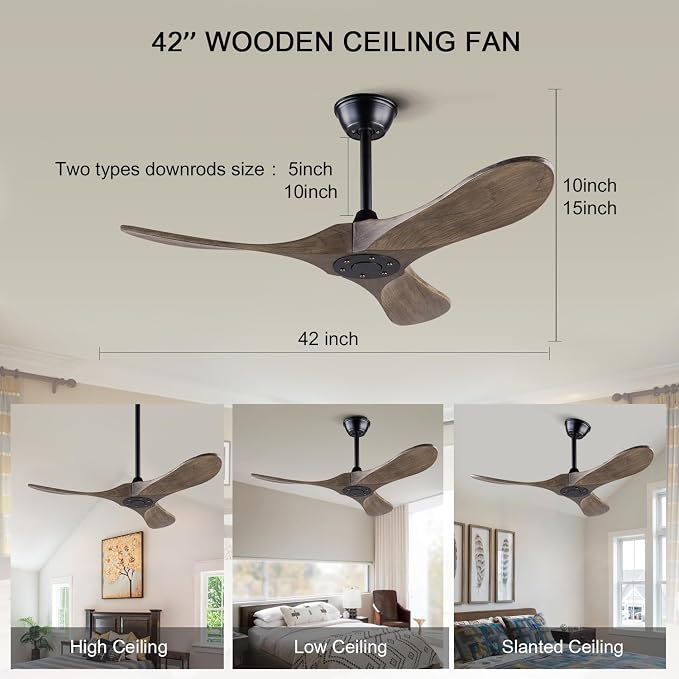 42 inch Ceiling Fans without Lights, Indoor/Outdoor Ceiling Fans no Light, 3 Solid Wood Blades, Ceiling Fan with Remote Control for Bedroom Patios Porch(Black+Apricot Grey)