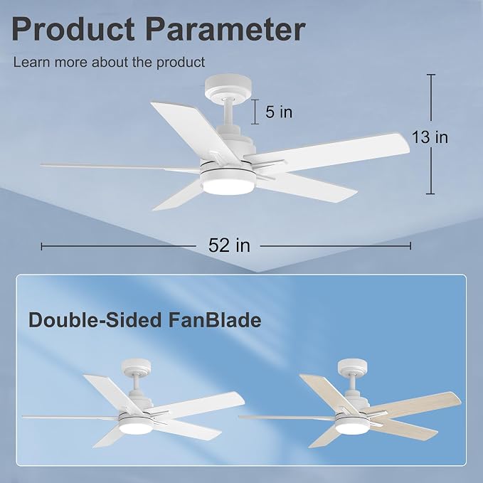 52 Inch White Ceiling Fan with Light and Remote Control,Dimmable 3 Color Temperatures LED Ceiling Fan,6 Speeds Reversible DC Motor,5 Blades Modern Ceiling Fans for Indoor or Covered Outdoor