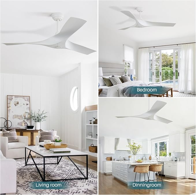 CACI Mall 52 Inch Propeller Ceiling Fan No Light, Remote Control, 6 Speeds Noiseless DC Motor, 3 ABS Blades, Indoor Outdoor Ceiling Fans for Living Room, Bedroom, Patio