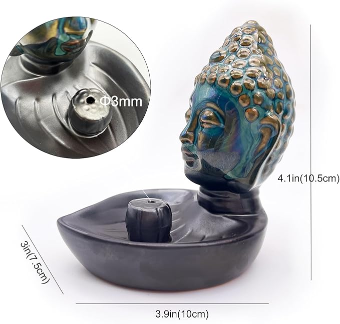 Buddha Head Incense Holder for Sticks, Small Ceramic Incense Burner Healing, Meditaiong, Zen, Timer of Spa or Yoga, with Ash Catcher (Black)
