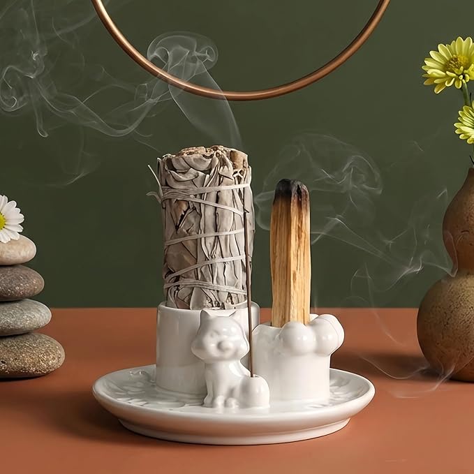 4-in-1 Incense Burner, Handmade Ceramic Palo Santo Holder, Sage Burner for Sage, Palo Santo, Incense Sticks, 5.1" Ceramic Ash Catcher Tray for Meditation, Yoga, Room Home Decor, White