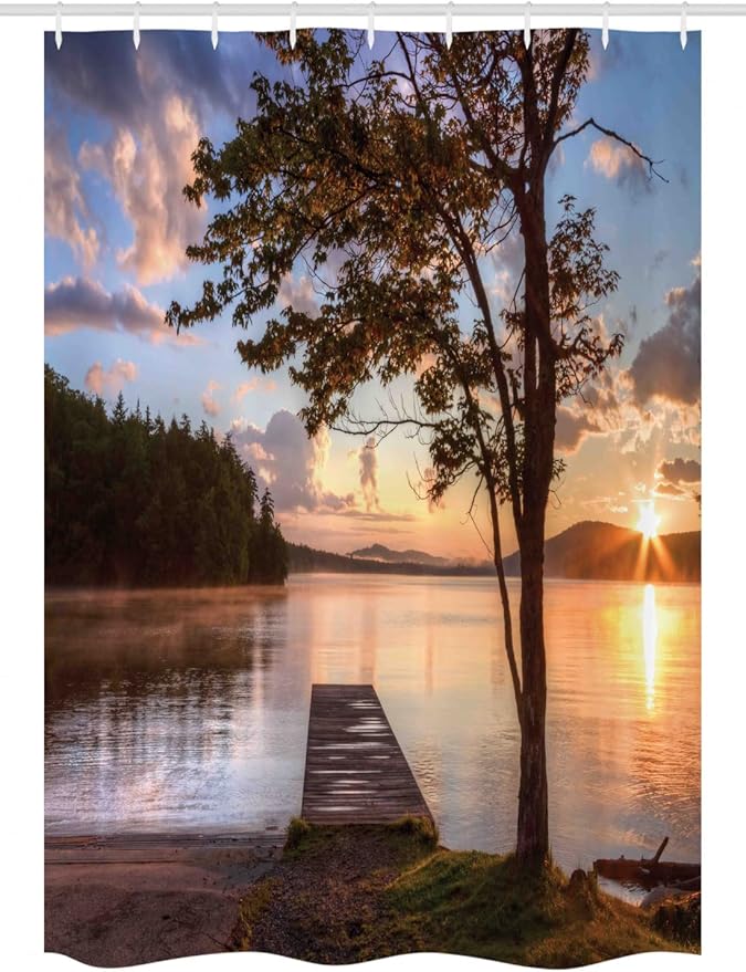 Ambesonne Seascape Stall Shower Curtain, Shore of Seventh Lake Tree Sunbeam at Sunset Water Reflection Tranquility, Fabric Bathroom Decor Set with Hooks, 54" W x 78" L, Brown Peach