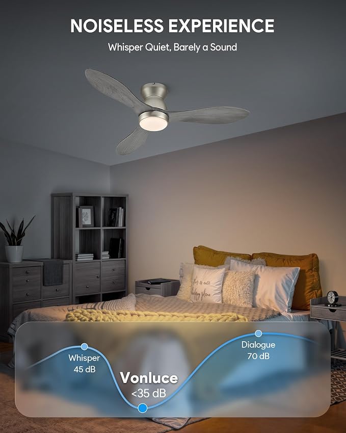 VONLUCE Wood Ceiling Fan with Lights, 42 Inch Flush Mount Ceiling Fan and Remote, 6-Speeds Quiet Reversible DC Motor, 3CCT, Natural Wood 3 Blades Outdoor Ceiling Fan for Patios Farmhouse, Nickel