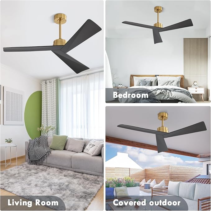 WINGBO 52" DC Ceiling Fan without Lights, Brass and Black Ceiling Fan with Remote, 3 ABS Plastic Blades, 6 Speed Reversible DC Motor, Ceiling Fans No Light for Kitchen Bedroom Living Room