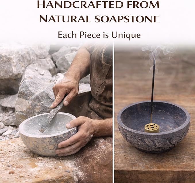 Natural Grey Marble Incense Holder Bowl – 5" Ash Catcher Burner for Meditation, Smudge, Palo Santo – 9-Hole Brass Insert Fits Most Incense Sticks.