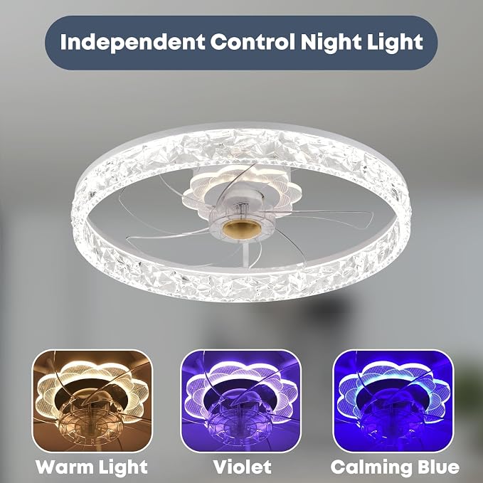 FSZDORJ 20'' Ceiling Fan with Light and Remote, Low Profile Ceiling Fan with Light, Dimmable Flush Mount Ceiling Fan Light, 6 Speeds Fan, App&Remote Control, Fandelier Quiet Fan for Bedroom F098 White