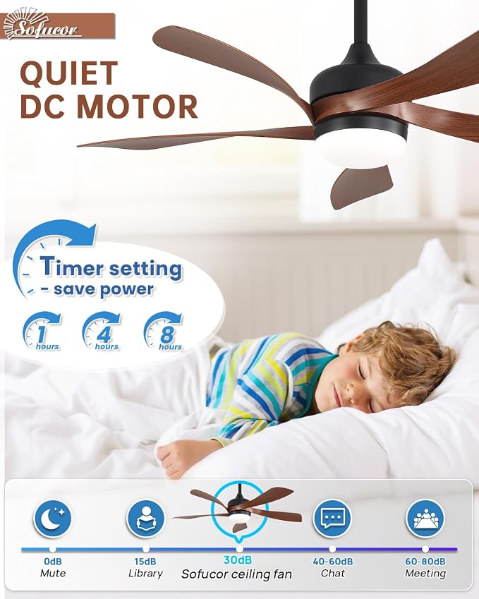Sofucor 42 Inch Ceiling Fan with Lights and Remote, Indoor/Outdoor Ceiling Fan with Light 6-Speed 3 CCT 3-Timer, Low Profile Ceiling Fan 5 Blade Quiet DC Motor for Bedroom Living Room Patio