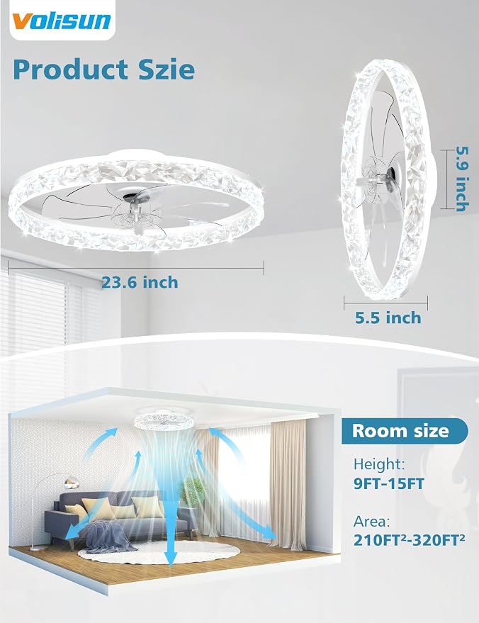 VOLISUN Low Profile Ceiling Fan with Lights and Remote, No Assembly, 24in Modern Ceiling Fans Flush Mount, 3000K-6500K Dimmable Bladeless LED Fan Light, White Fandelier Ceiling Fans for Bedroom