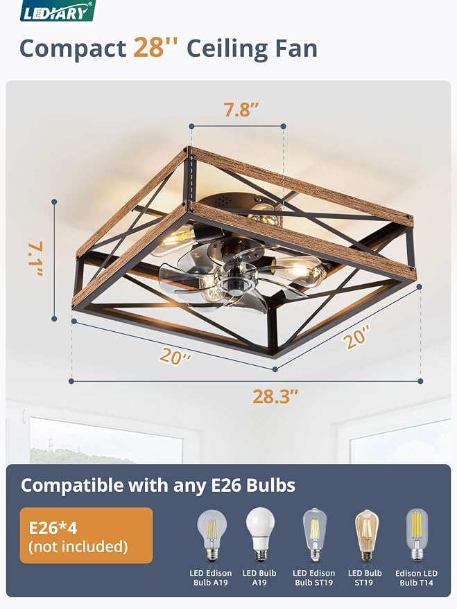 LEDIARY 20” Caged Flush Mount Square Ceiling Fans with Lights and Remote | 6 Speed and Reversible, Small Farmhouse Rustic Ceiling Fan, Low Profile Ceiling Fan for Bedroom, Kitchen, Dining Room