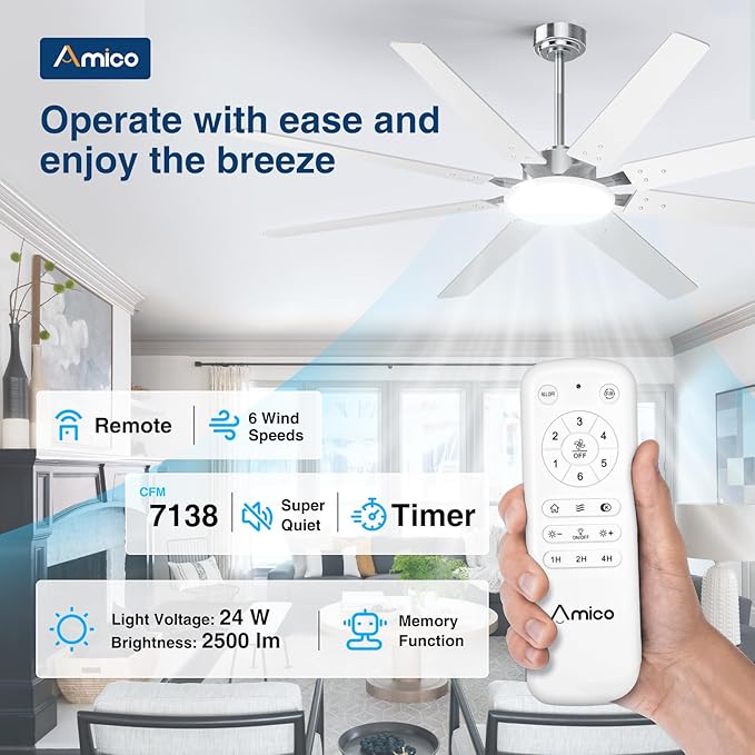 Amico 72 inch Brushed Nickel Ceiling Fan with Light, Large Modern Ceiling Fans with Remote, Reversible DC Motor, Dimmable 3CCT LED, Quiet Indoor/Outdoor for Living Room, Bedroom, Patio