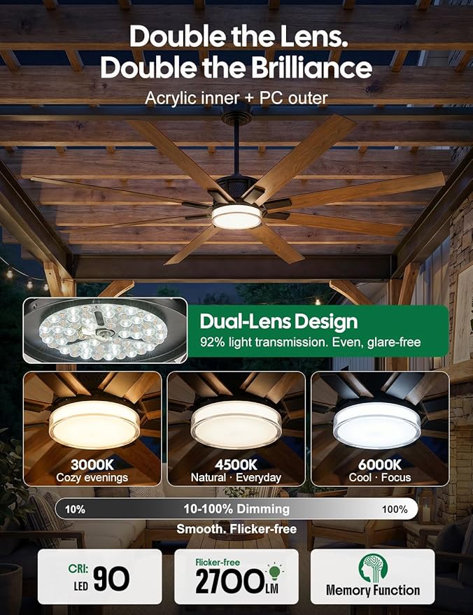 72 Inch Wet Rated Outdoor Ceiling Fans with Light for Patios, All-Weather, Large Airflow 8 Waterproof Aluminum Blades, Smart Alexa/App/Remote Control, Quiet DC Motor for Exterior Pergola Porch Garage
