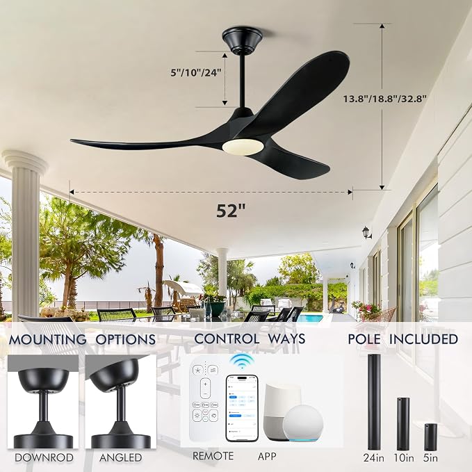 52 Inch Black Smart Ceiling Fan with Lights, Outdoor Ceiling Fan for patio, 3 Blades Wood Ceiling Fan with Quiet Reversible DC Motor, Indoor Exterior Modern Ceiling Fan with Alexa/App/Remote Control