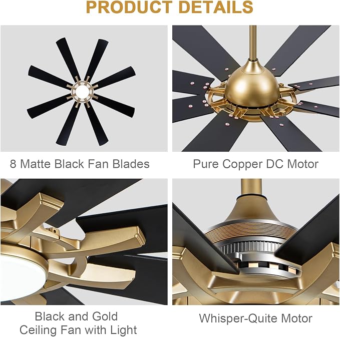 Bella Depot 60" Black and Gold Ceiling Fan with Light & Remote | Dimmable LED Light, 3CCT, 6-Speed Quiet Reversible DC Motor, Timer, Modern Indoor Ceiling Fan for Bedroom Living Room Patio