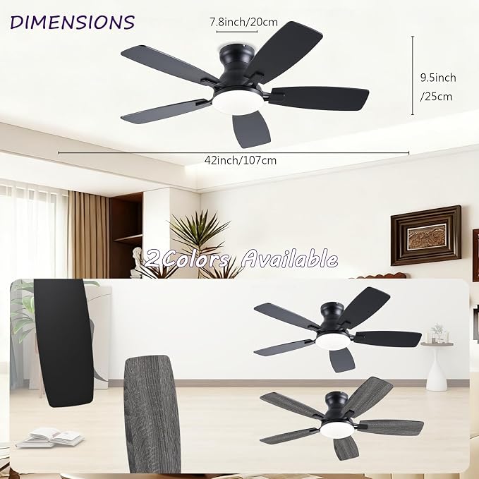 NKPU Ceiling Fans with Lights, Low Profile Ceiling Fan with Light and Remote/APP Control, DC Motor, Noiseless, Flush Mount, 42inch Black Ceiling Fan for Bedroom Indoor/Outdoor Use