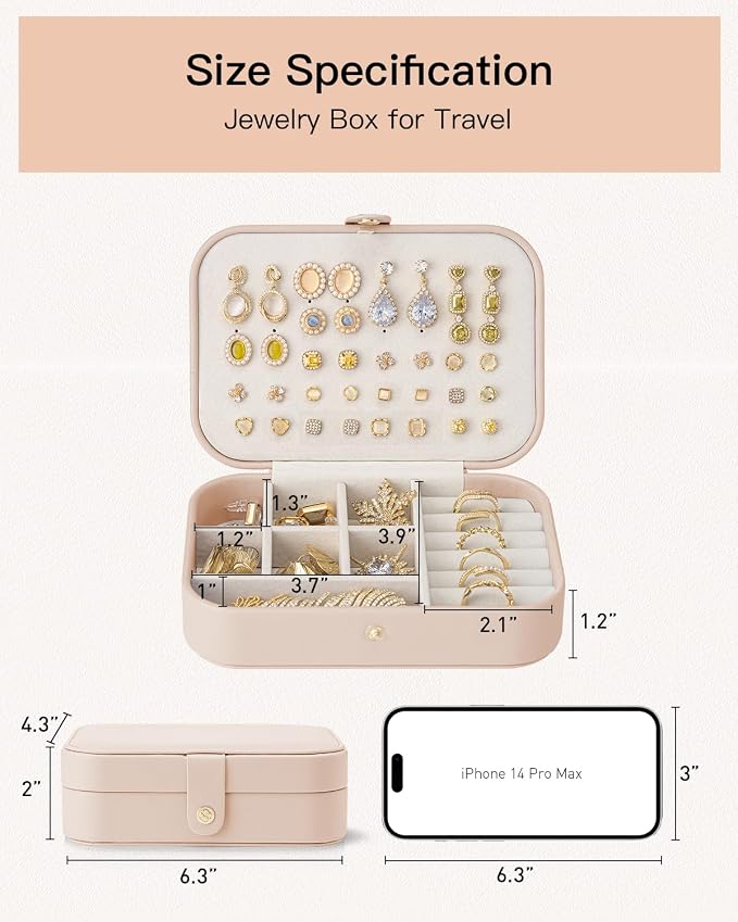VLANDO Travel Jewelry Case, PU Leather Travel Jewelry Box with Earring Holder, Portable Display Mini Jewelry Case for Mothers Day Women Girls Gift - Nude Pink