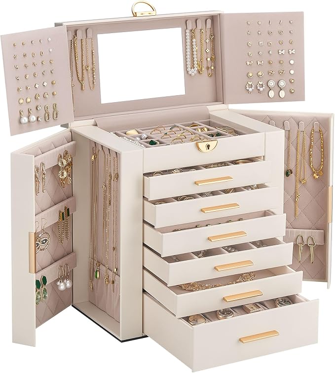 Lolalet Large Jewelry Box Organizer for Women, 7-Layer Jewelry Organizers and Storage Case with Mirror & 6 Drawers, Lockable Watch Ring Earring Bracelet Necklace Holder Girls Gift -7Layer, Beige