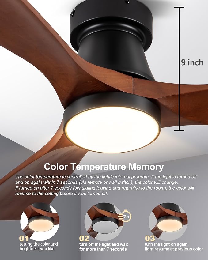42-Inch Ceiling Fan with Lights, Remote Control, Flush Mount, Dimmable, Reversible, Wood Blades, Power-Off Memory, Quiet DC Motor – Modern Hugger Ceiling Fan for Living Room, Bedroom, Patio
