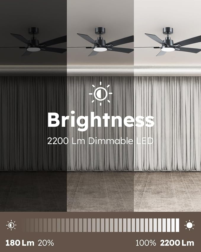 46 Inch Balck Downrod Ceiling Fans with Lights and Remote | 3CCT Dimmable LED, 6 Speed, Quiet DC Motor, 3-Level Timer Function, Forward/Reserve For all Seasons, Indoor/Covered Outdoor
