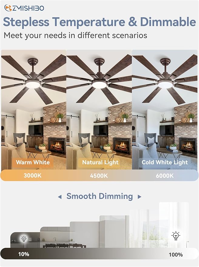 ZMISHIBO 65 Inch Ceiling Fans with Lights and Remote, Bronze Large Ceiling Fan with 3000-6000K Dimmable, Quiet Reversible DC Motor, 6 Speeds, 8 Blades Indoor/Outdoor Ceiling Fan for Patios Living Room
